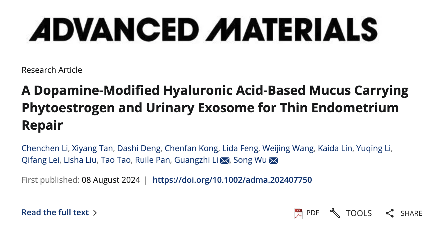 Advanced Materials | 吴松团队发现一种携带植物雌激素和尿外泌体的透明质酸人工粘液用于修复薄型子宫薄膜